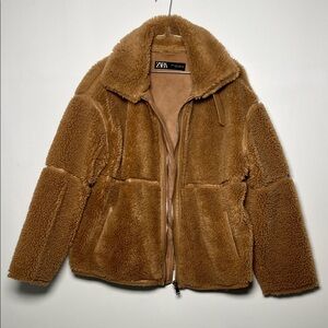 Zara Plush Teddy Shearling Zip Jacket - Caramel
